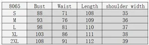 Size chart for sleeveless embroidery dress featuring bust waist and length measurements