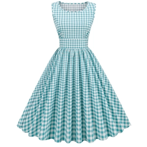 Vintage sleeveless blue and white gingham A-line dress with a fitted waist and full skirt