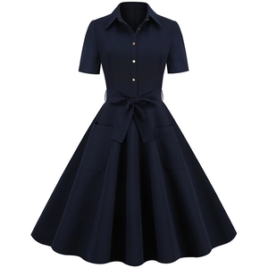 Vintage navy short sleeve A-line dress with lapel collar, gold buttons and bow belt