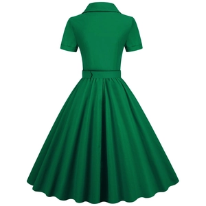 Back view of a retro dark green A-line dress with short sleeves and a waist tie