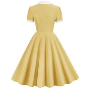 Vintage light yellow A-line dress with white lapel collar and short sleeves back view