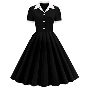 Vintage Audrey Hepburn style black A-line dress with white lapel collar and buttons