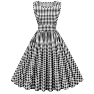 Vintage sleeveless A-line dress featuring a classic black and white checkered pattern print