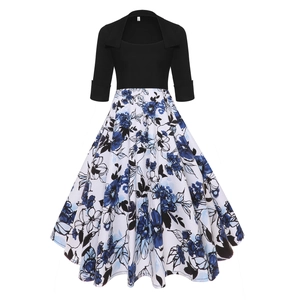 Women Vintage Floral Patchwork Midi Dress Retro Hepburn Style Cotton Blend A-Line Swing Dress Lapel Square Neck Half Sleeve Party