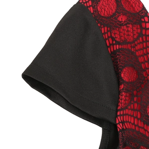 Detail of red hollow lace with black skull patterns on short sleeve dress