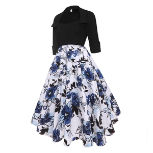 Vintage 50s A-line dress with black square neck bodice and blue floral print skirt
