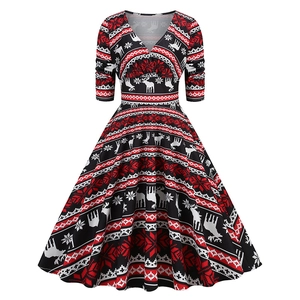 Vintage Christmas A-line midi dress with reindeer and snowflake print for women