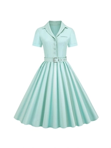 Retro mint green short sleeve puff dress with lapel collar and waist belt