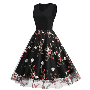 Retro V-neck sleeveless dress with floral embroidery and mesh A-line skirt overlay