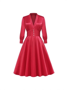 Robe Longue en Satin à Col en V Rétro Français pour Femmes Élégante Ligne A Rouge à Manches Longues avec Boutons d'Or