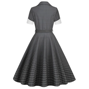 Back view of a vintage V-neck plaid dress with short sleeves and flared A-line skirt