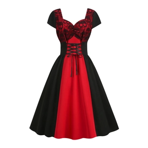 Women Gothic Vintage Halloween Dress Skull Lace Patchwork Sweetheart Neck Short Sleeve Lace-Up Midi A-Line Retro Party Dress