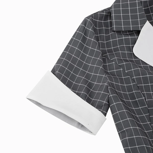 Vintage 50s plaid dress with grey checkered pattern and white V-neck patchwork detail