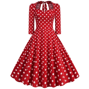 Women Retro Polka Dot Dress Sweetheart Neckline 3/4 Sleeve A-Line Bow Knot Back 1950s Hepburn Vintage Rockabilly Party Midi Dress