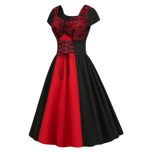 Retro Gothic Halloween dress with red lace skull pattern and corset lacing detail
