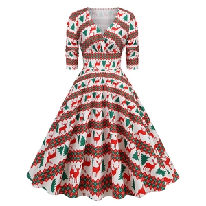 Women Vintage Christmas Print V-Neck A-Line Midi Dress Elegant Polyester Long Sleeve Retro Festive Party Skater Dress