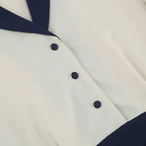 Detail view of navy blue lapel collar and fabric buttons on a vintage black and white dress