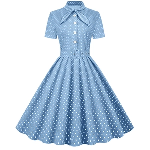 Women's 1950s Vintage Polka Dot Midi Dress With Belt Retro Short Sleeve Bow Neck A-Line Swing Party Dress For Ladies