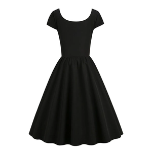 Vintage black A-line short sleeve dress with round neck and pleated waist design