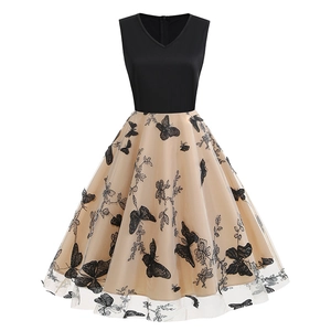 Robe Midi Vintage pour Femmes Sans Manches Col en V Broderie en Maille Papillon Chauve-Souris Imprimé Halloween Fête Rétro Trapèze