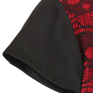 Short sleeve slim fit retro dress featuring black fabric and red floral lace stitching