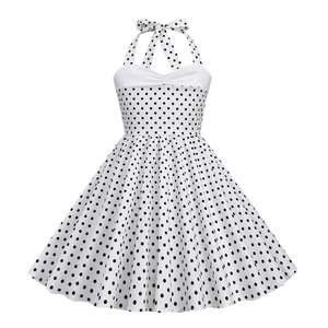 Detail of vintage polka dot halter neck dress with bow tie and retro A-line design