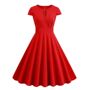 Elegant retro red V-neck short sleeve dress with A-line silhouette and high waist design
