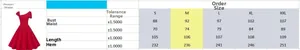 Size chart for vintage one-shoulder dress showing bust and waist measurements in cm
