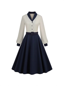 Vintage 1950s Patchwork Midi Dress Long Sleeve V Neck A Line Elegant Belted Office Party Women Fashion Dress