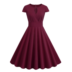 Elegant burgundy V-neck A-line dress with short sleeves and retro keyhole neckline design