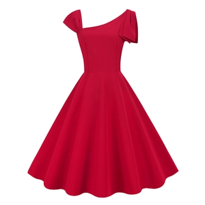 Elegant one-shoulder retro red cocktail dress with a high waist and full A-line swing skirt