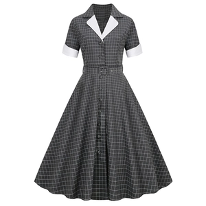 Women Vintage Plaid Midi Dress Short Sleeve Contrast Lapel Collar A-Line Swing Belted Slimming Retro 50s Style Elegant Dress
