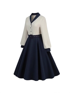 Vintage color block long sleeve dress with cream top and navy blue A-line skirt