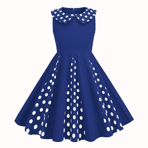 Robe sans manches bleu marine pour fille avec col Peter Pan et détails à pois blancs