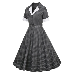 Vintage dark gray plaid V-neck A-line dress with white collar and short sleeves