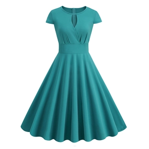 Retro teal V-neck A-line dress with short sleeves and flared hem in a classic 50s style