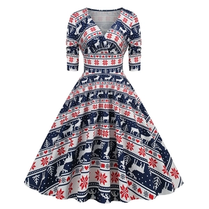 Vintage Christmas A-line maxi dress with reindeer and snowflake prints in navy and red