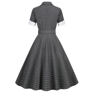 Retro grey plaid short sleeve dress with white trim collar and matching waist belt