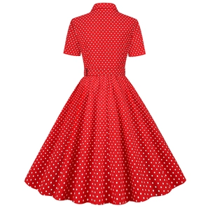 Retro red A-line polka dot dress for women with short sleeves and vintage shirt collar
