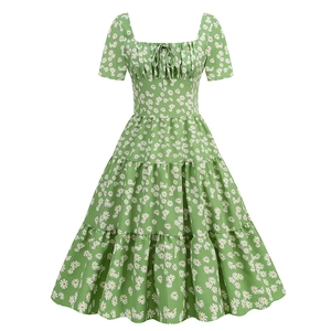Robe Midi à Volants à Manches Courtes Imprimé Floral Marguerite Col Carré Rétro Français Femme Été Décontracté Vacances