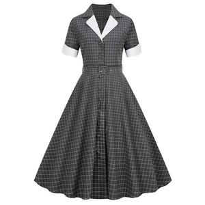 Vintage 1950s grey plaid A-line dress with white lapel collar and matching belt