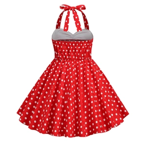 Detail of red polka dot dress featuring a halter neck tie and backless design