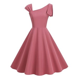 Vintage One Shoulder A-Line Swing Dress For Women Elegant Pleated Bow Asymmetric Cocktail Party Audrey Hepburn Style Midi Dress