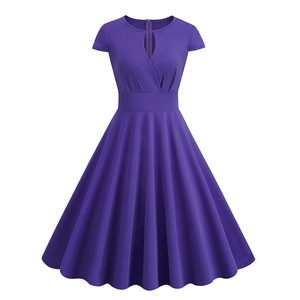 Elegant violet short sleeve V-neck maxi dress with A-line skirt and high waist design