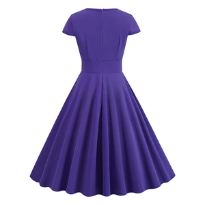 Back view of a purple retro V-neck maxi dress with high waist and invisible zipper detail