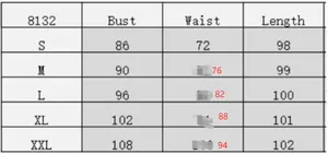 Detailed size guide for the mesh embroidery dress showing bust, waist and length per size