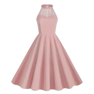 Women Vintage Halter Lace Patchwork Dress Elegant Sleeveless A-Line Evening Party Gown Retro Cocktail Midi Dress For Banquet