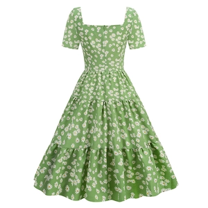Robe midi rétro française verte à imprimé marguerites et jupe à plusieurs niveaux