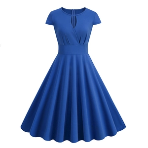 Elegant royal blue V-neck short sleeve A-line maxi dress with waist belt and wide skirt