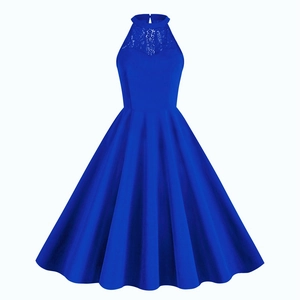 Royal blue halter neck dress with lace patchwork and elegant flared hemline